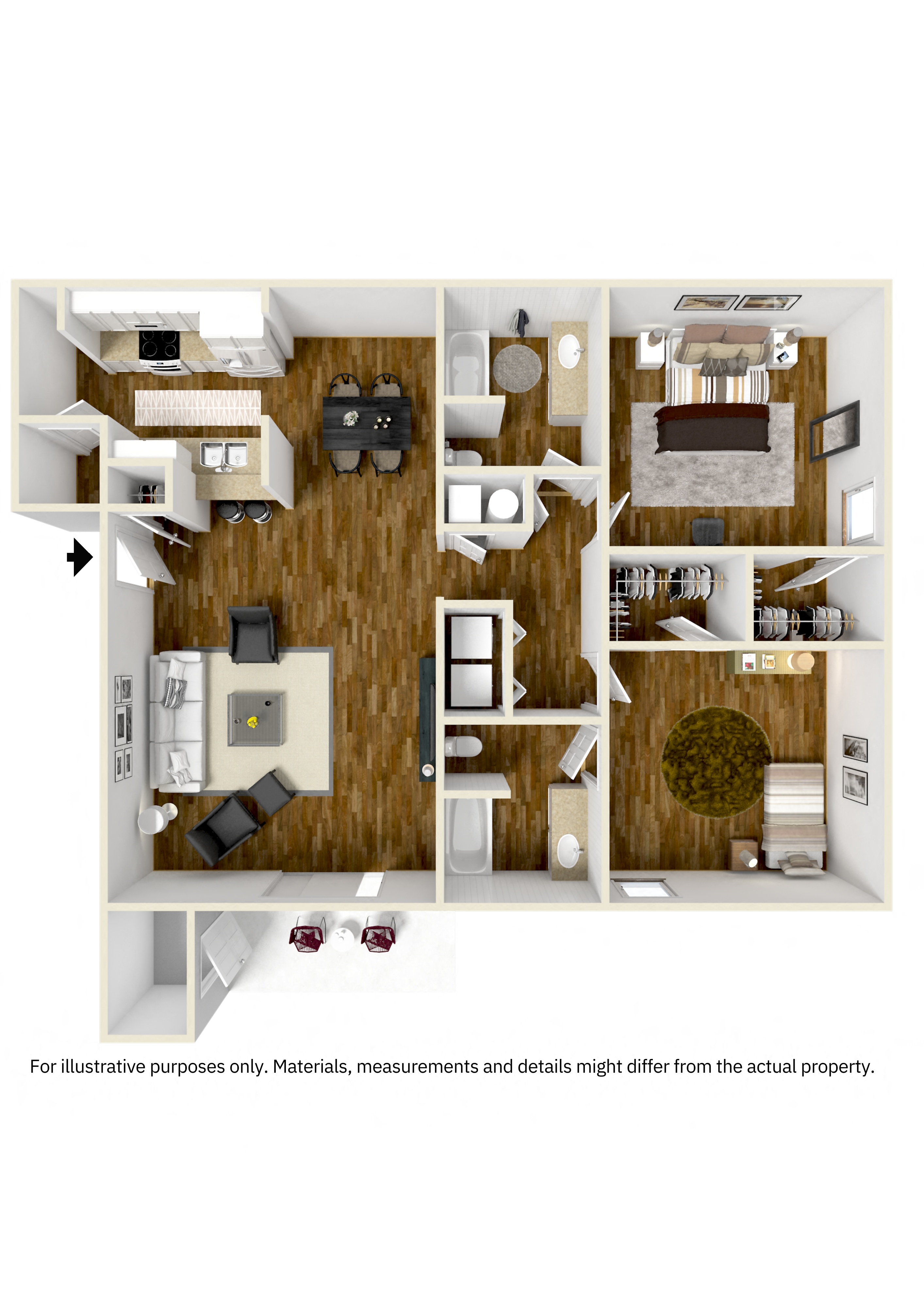 Floor plan for 2 beds, 2 baths, 1192 sqft